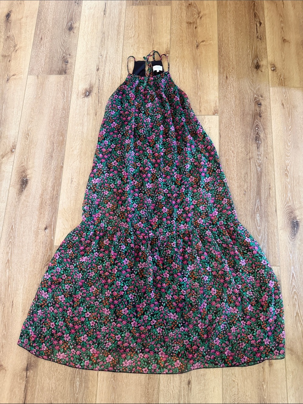 MELLODAY | Black Floral Maxi Dress with Pink & Green Print | size S
